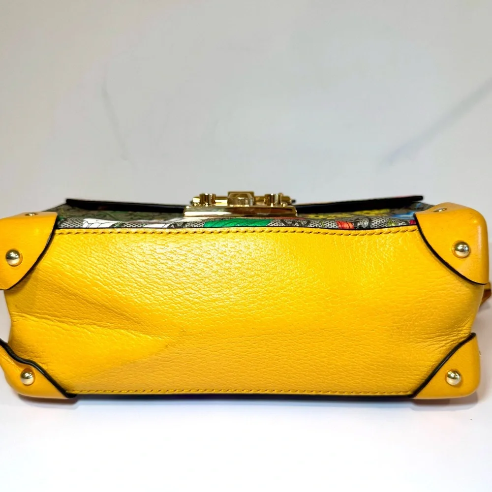 Gucci GG Supreme Monogram Logo Flora Yellow Small Padlock Bamboo Bag W Crossbody - Picture 12 of 16